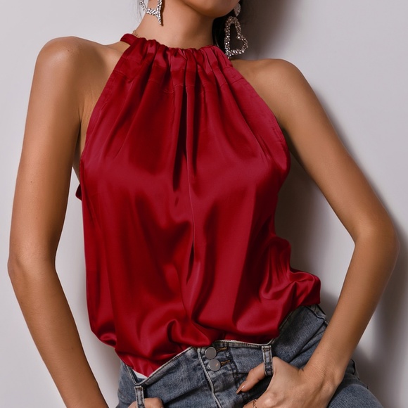 BellanBlue Tops - Boho Burgundy Red satin halter top summer Minimalist